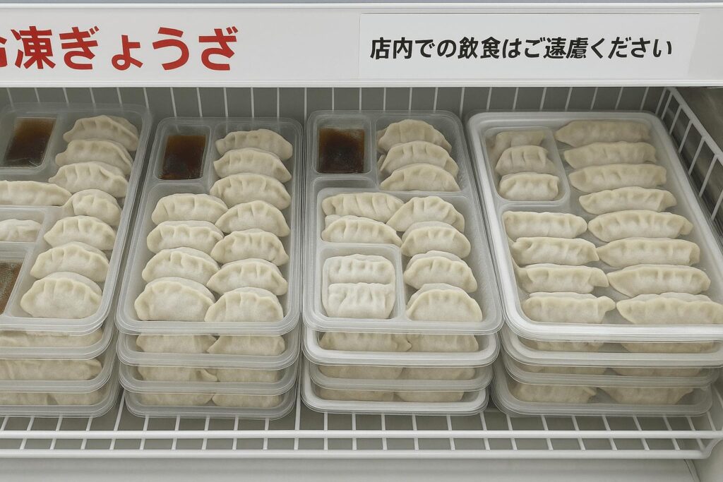 Trays of frozen gyoza dumplings with dipping sauce packs in a convenience store freezer