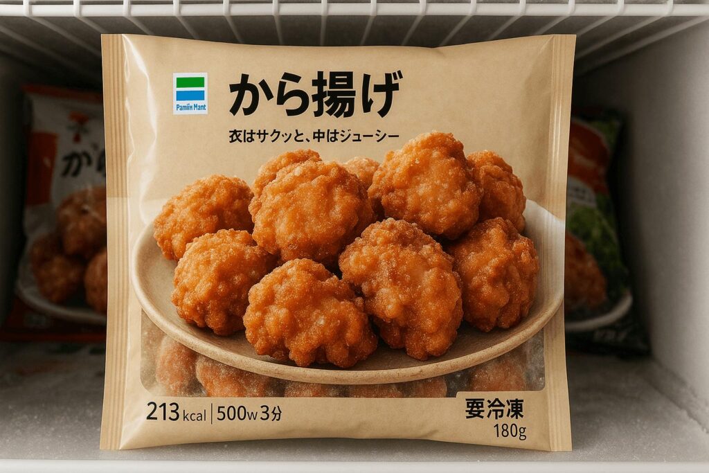Frozen pack of Japanese karaage fried chicken with crispy golden pieces on the label