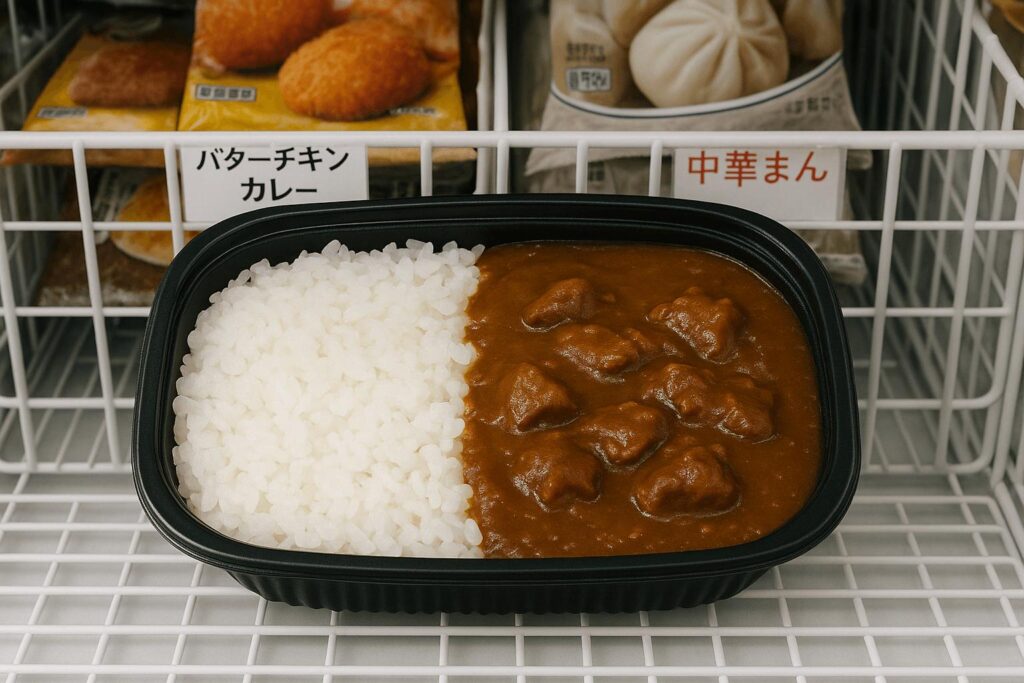 Microwaveable tray of Japanese curry rice with chunks of meat in a black container
