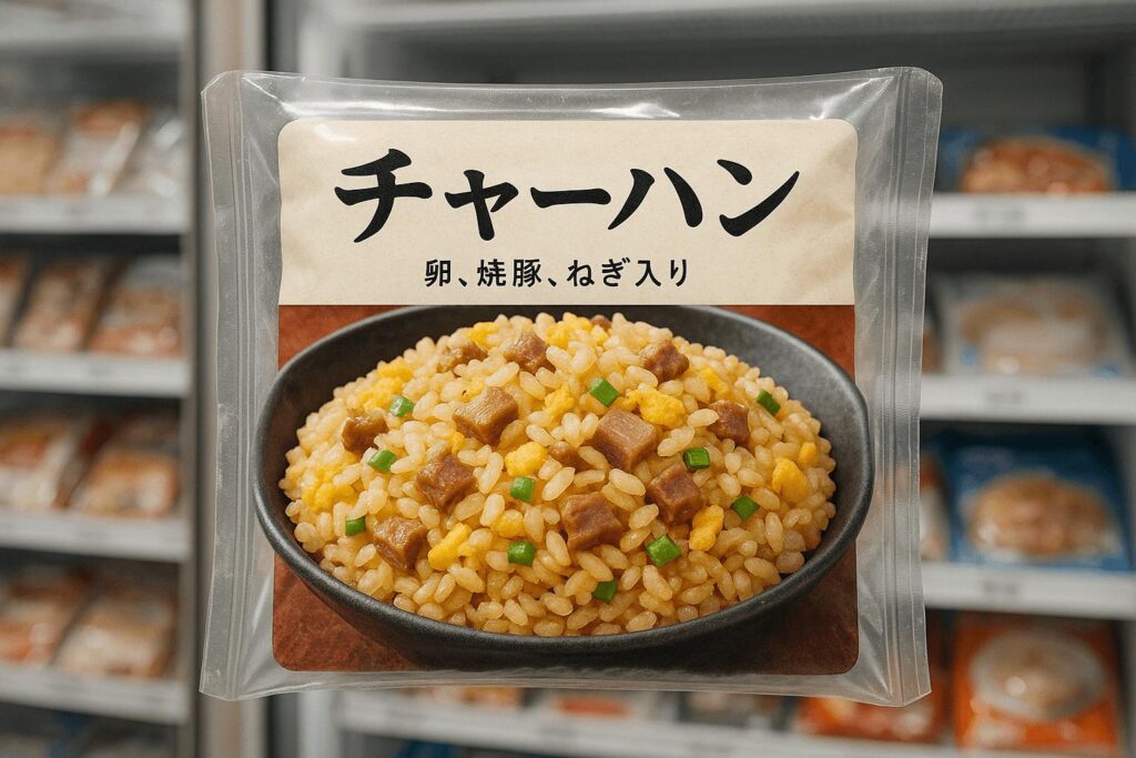 Packaged Japanese fried rice with egg, pork, and green onions in a convenience store freezer
