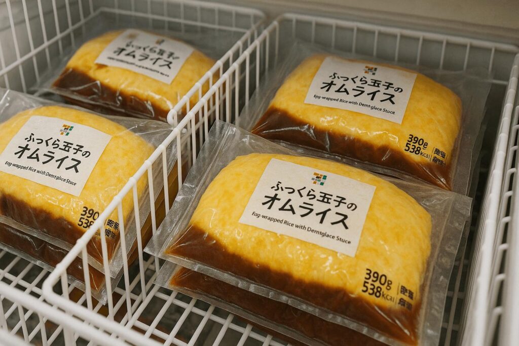 Vacuum-packed Japanese omurice with demi-glace sauce in a 7-Eleven freezer section
