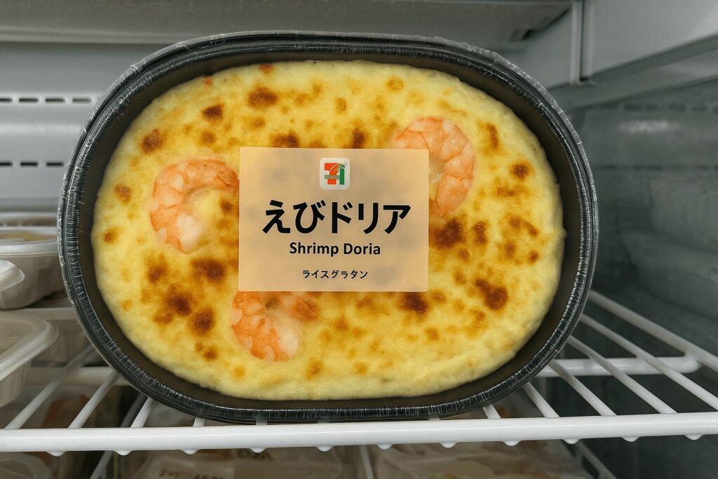 Frozen shrimp doria rice gratin with melted cheese in a black tray, sold at 7-Eleven Japan
