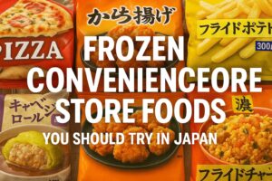 Collage of frozen convenience store foods in Japan including pizza, karaage, fries, and dumplings with bold white text overlay