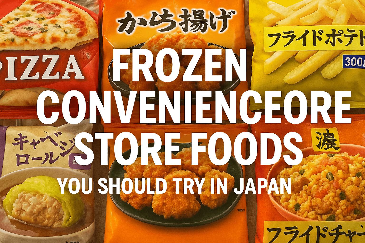 Collage of frozen convenience store foods in Japan including pizza, karaage, fries, and dumplings with bold white text overlay