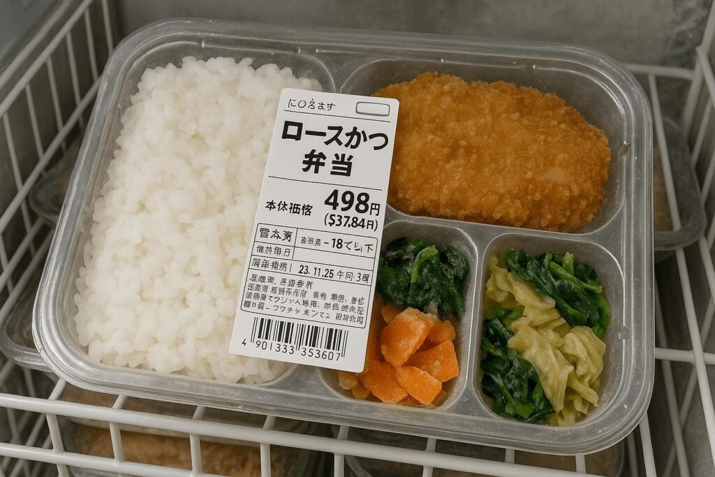 Frozen bento box with white rice, pork cutlet, and vegetables labeled with price and expiration date