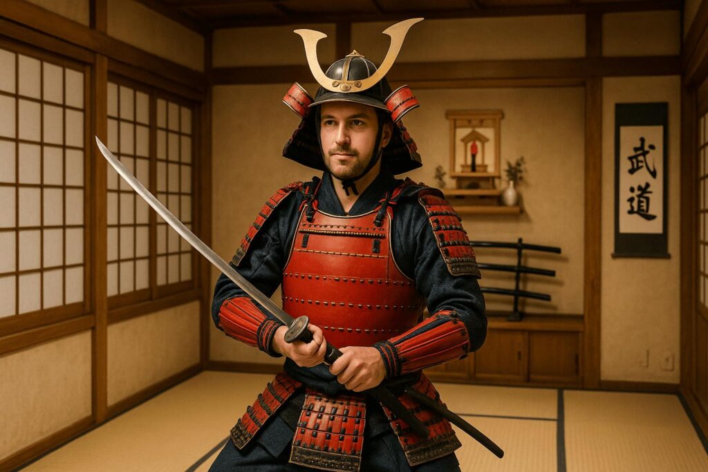 Man dressed in traditional red samurai armor holding a katana inside a tatami room in Japan