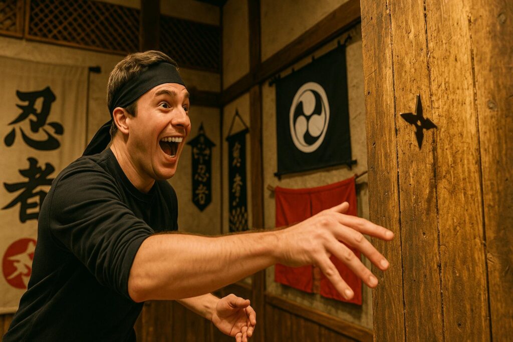 Excited man throwing a ninja star at a wooden target during a ninja experience in Japan