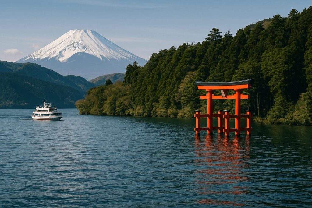 Mount Fuji with a red torii gate on Lake Ashi and sightseeing boat in Hakone