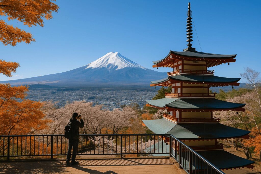 View of Mount Fuji behind Chureito Pagoda and autumn leaves in Japan