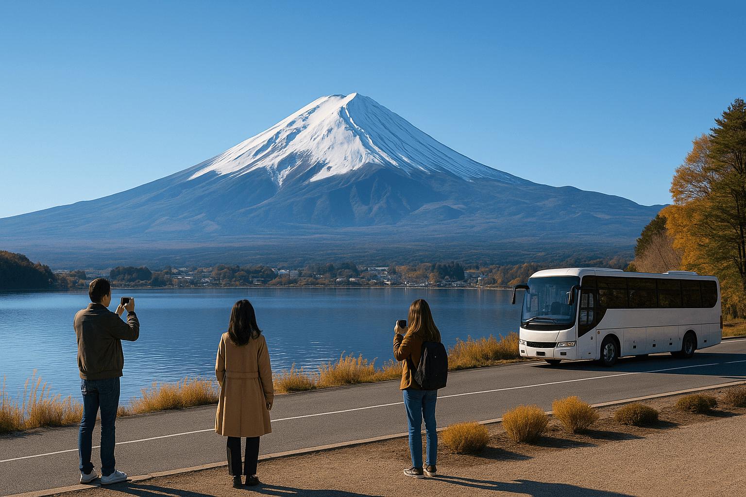 Tourists and a bus viewing Mount Fuji from the lakeside in autumn