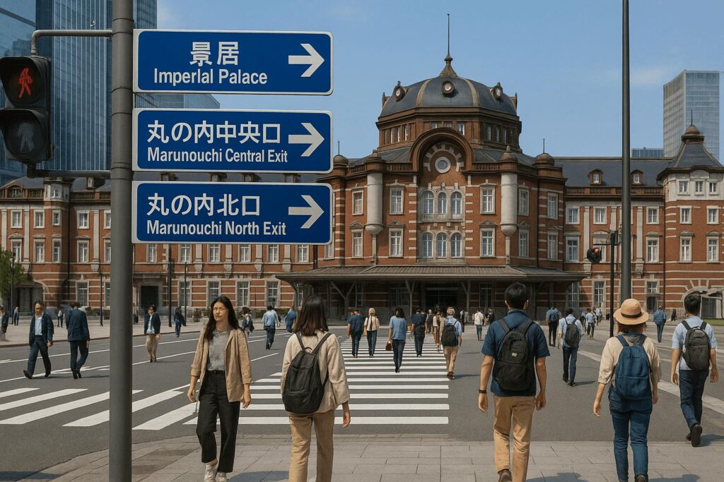 Tokyo Station Marunouchi area with signs pointing to the Imperial Palace