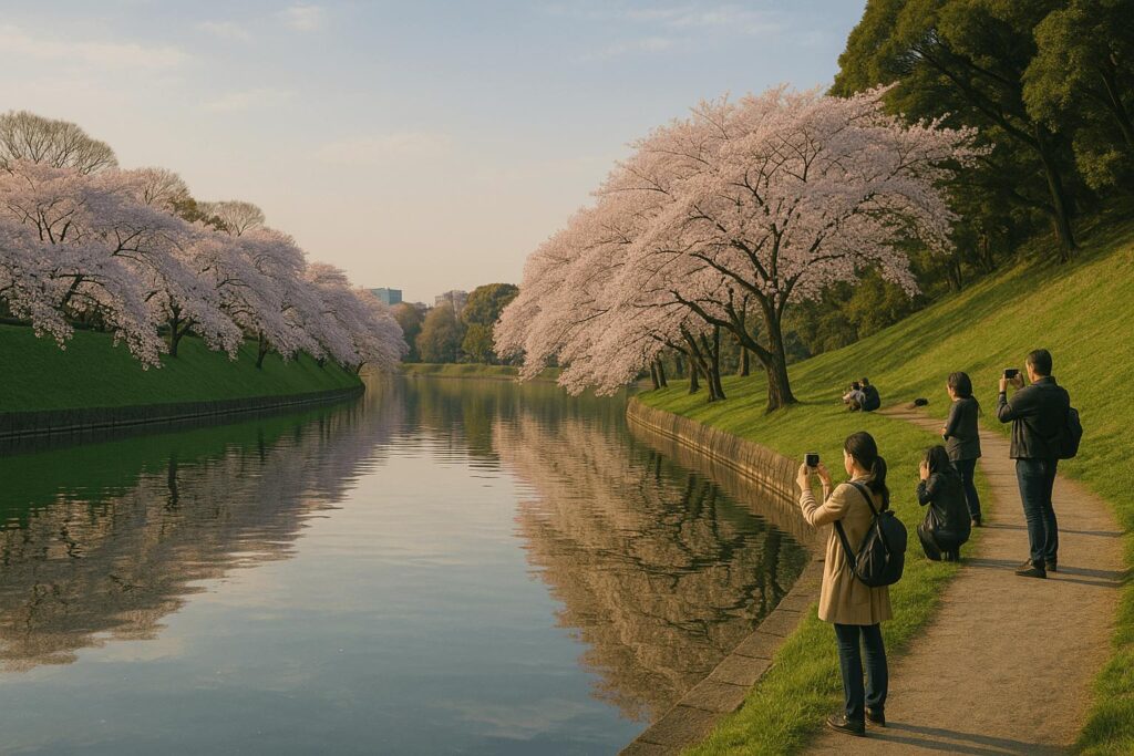 Cherry blossoms along the moat of Tokyo Imperial Palace during spring