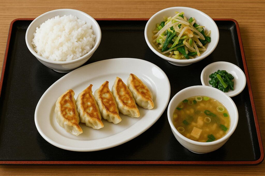 Budget gyoza lunch set with rice and soup in Tokyo
