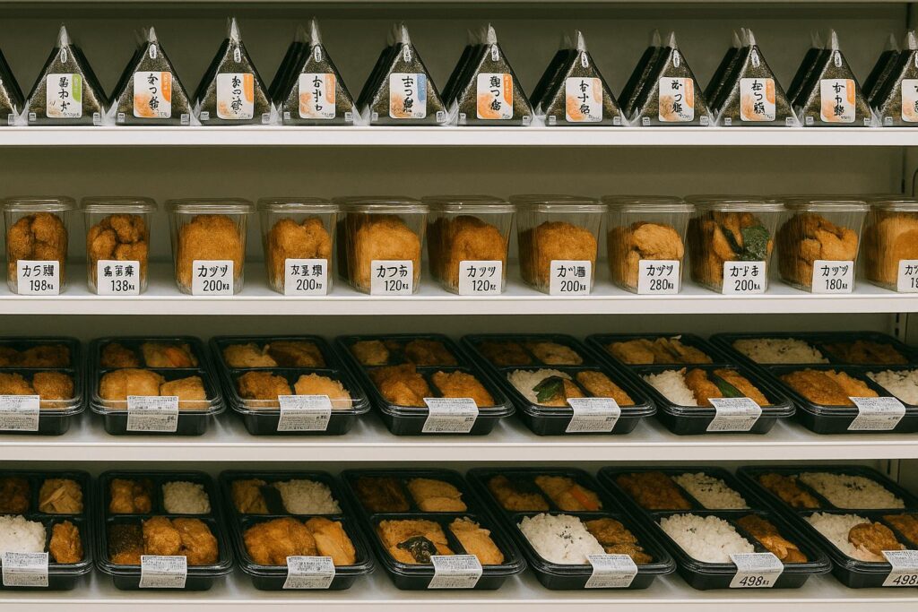 Affordable meal options like onigiri and bento boxes at a Tokyo convenience store