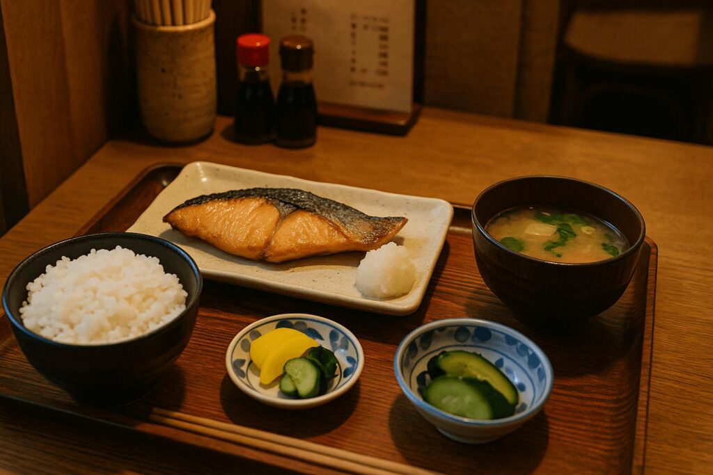 Japanese grilled fish teishoku meal set under ¥1,000