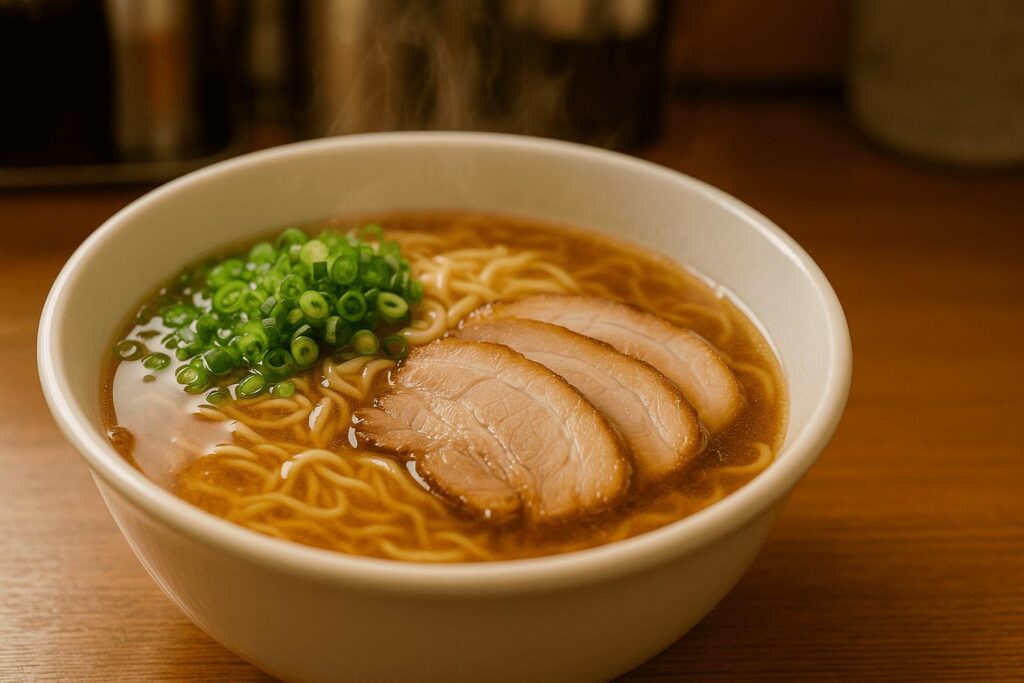 Affordable bowl of ramen in Tokyo with toppings like pork and green onions