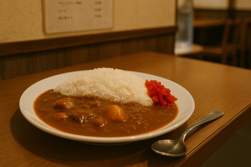 Japanese curry rice meal with rice and red ginger for under ¥1,000