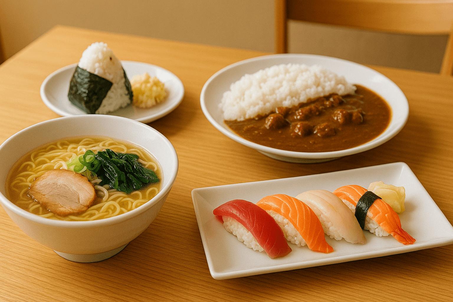 Assorted Japanese budget meals under ¥1,000, including ramen, curry, and sushi on a dining table