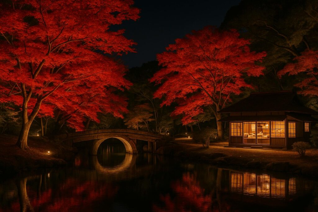 Rikugien Garden illuminated with red maple leaves and nearby wagashi shop in autumn