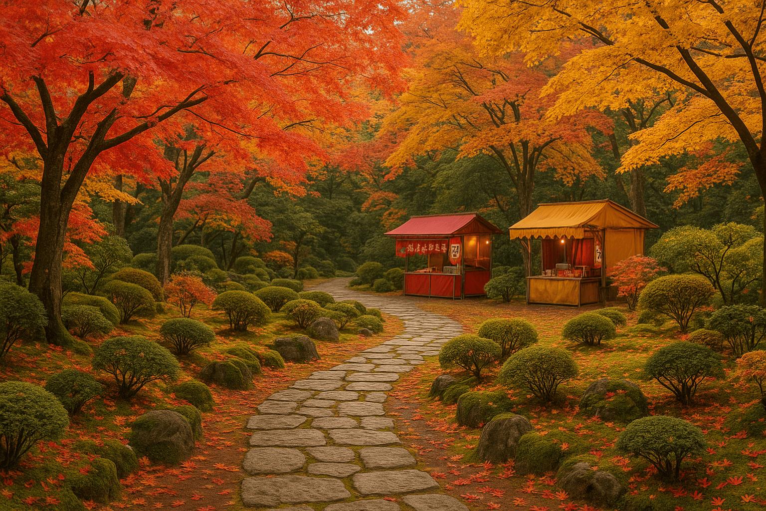 Autumn leaves and street food stalls in a traditional Japanese garden in Tokyo