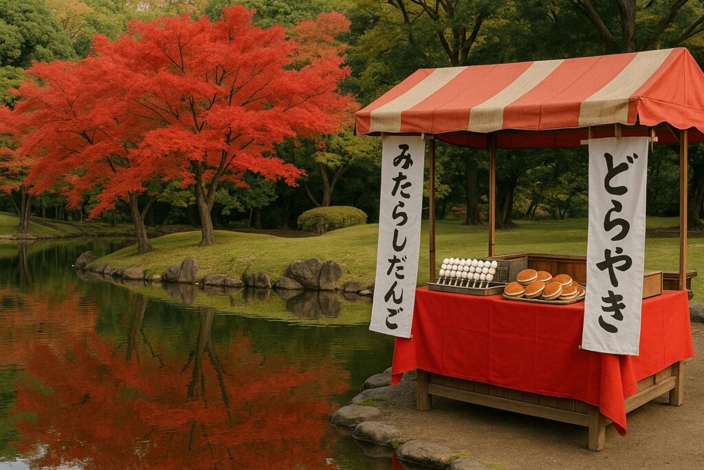 Maple trees and traditional Japanese sweets near Koishikawa Korakuen Garden in autumn