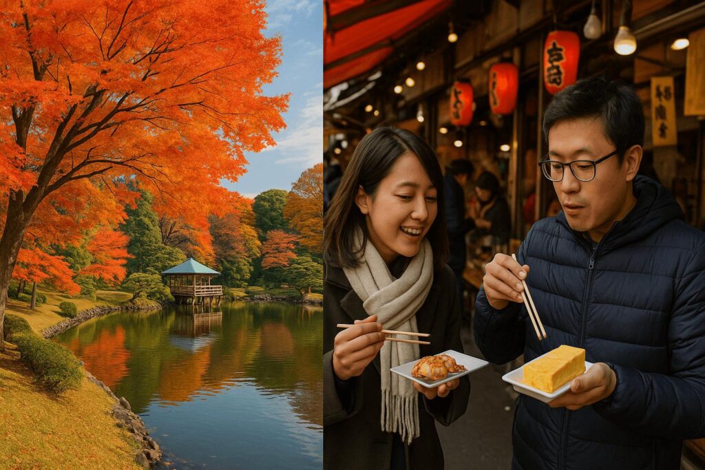 Autumn scenery at Hamarikyu Garden with seasonal street food near Tsukiji Market