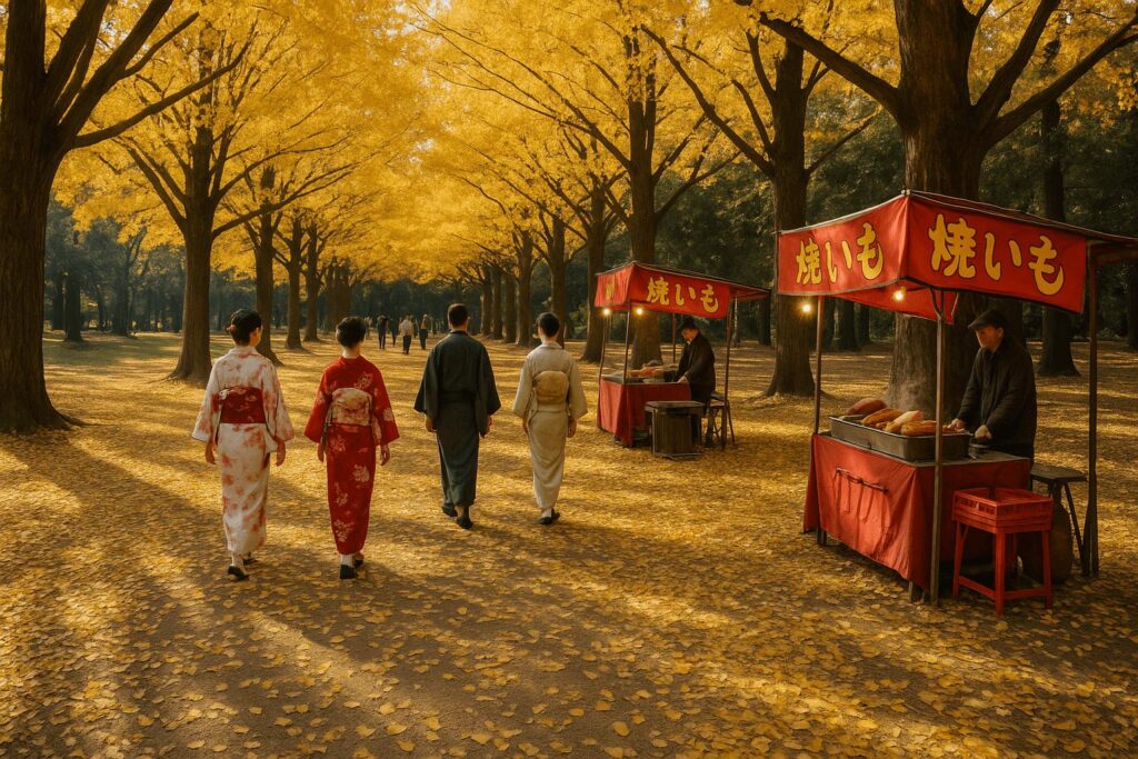 Golden ginkgo leaves and street food stalls near Meiji Shrine and Yoyogi Park in Tokyo