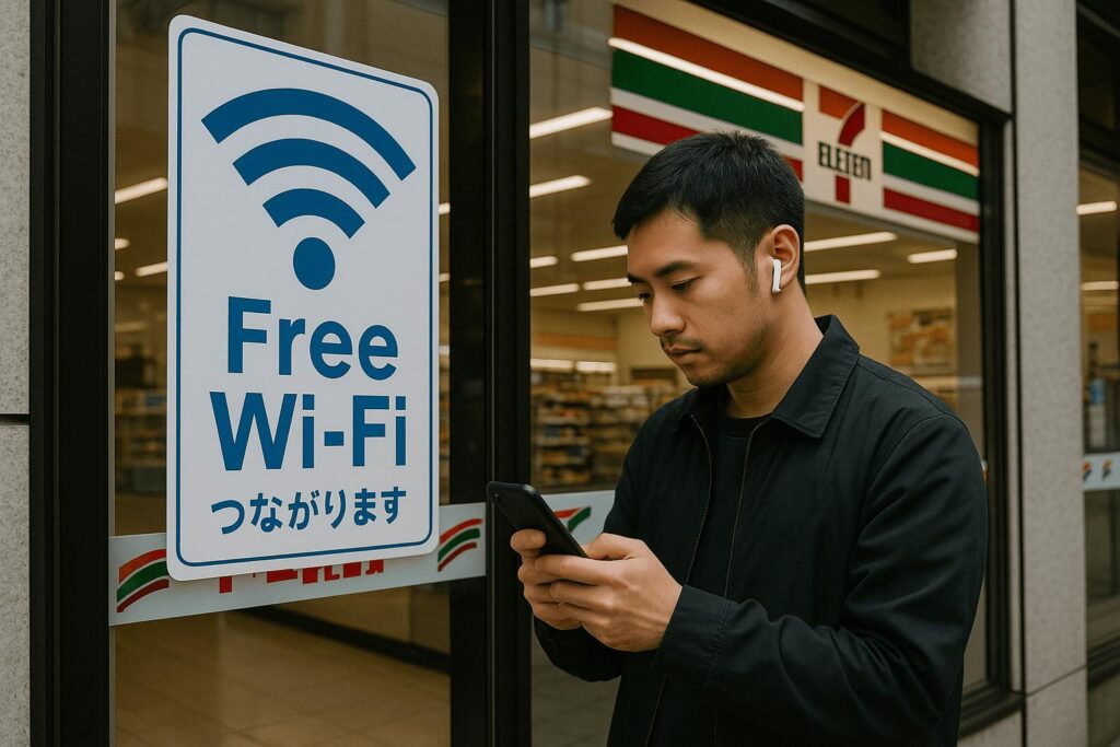 Person using free Wi‑Fi at a convenience store or café in Japan