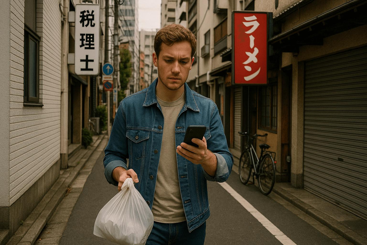 Foreigner living daily life in Japan, holding trash bag or using phone on Japanese street