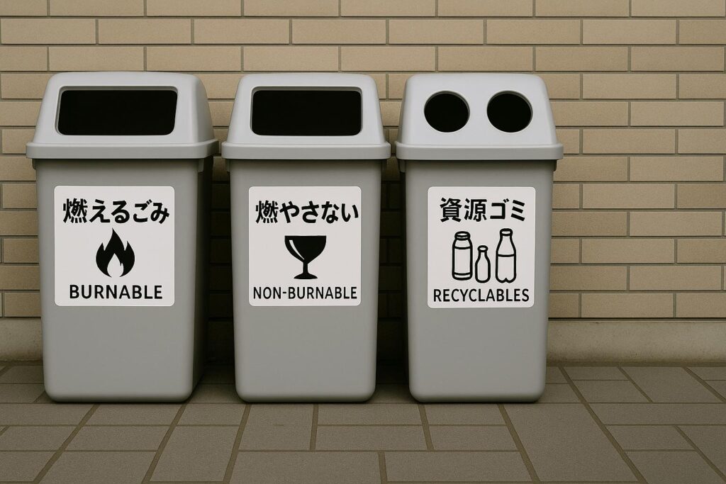 Trash separation bins for burnable, non-burnable, and recyclable waste in Japan