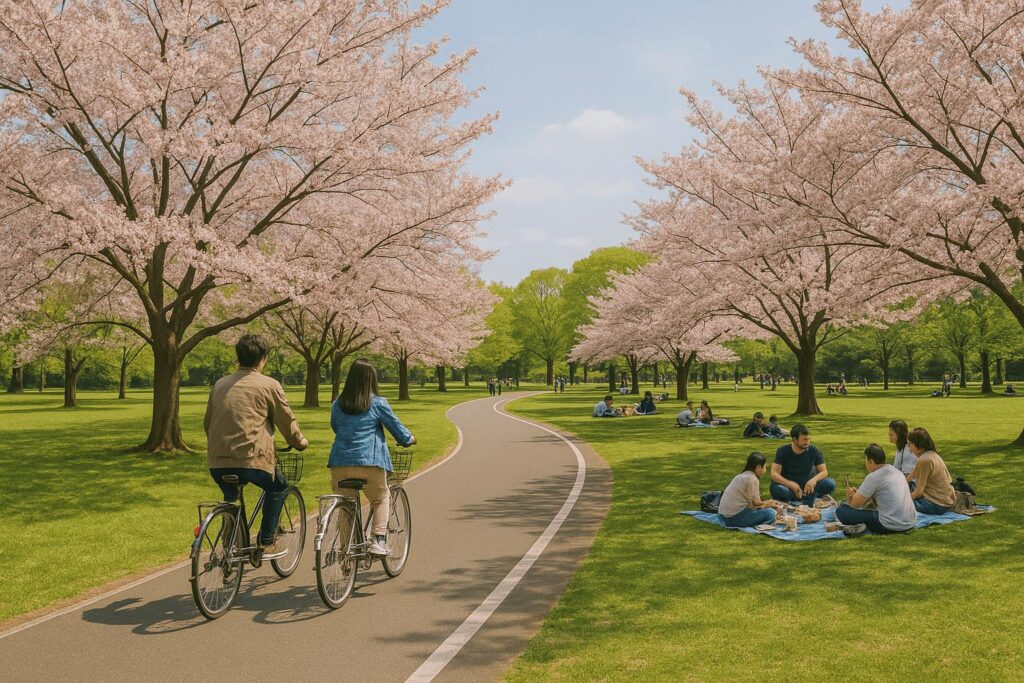 Cherry blossoms and cycling trails in Showa Kinen Park, Tachikawa