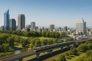 Tachikawa city skyline with parks, trains, and modern buildings under blue sky