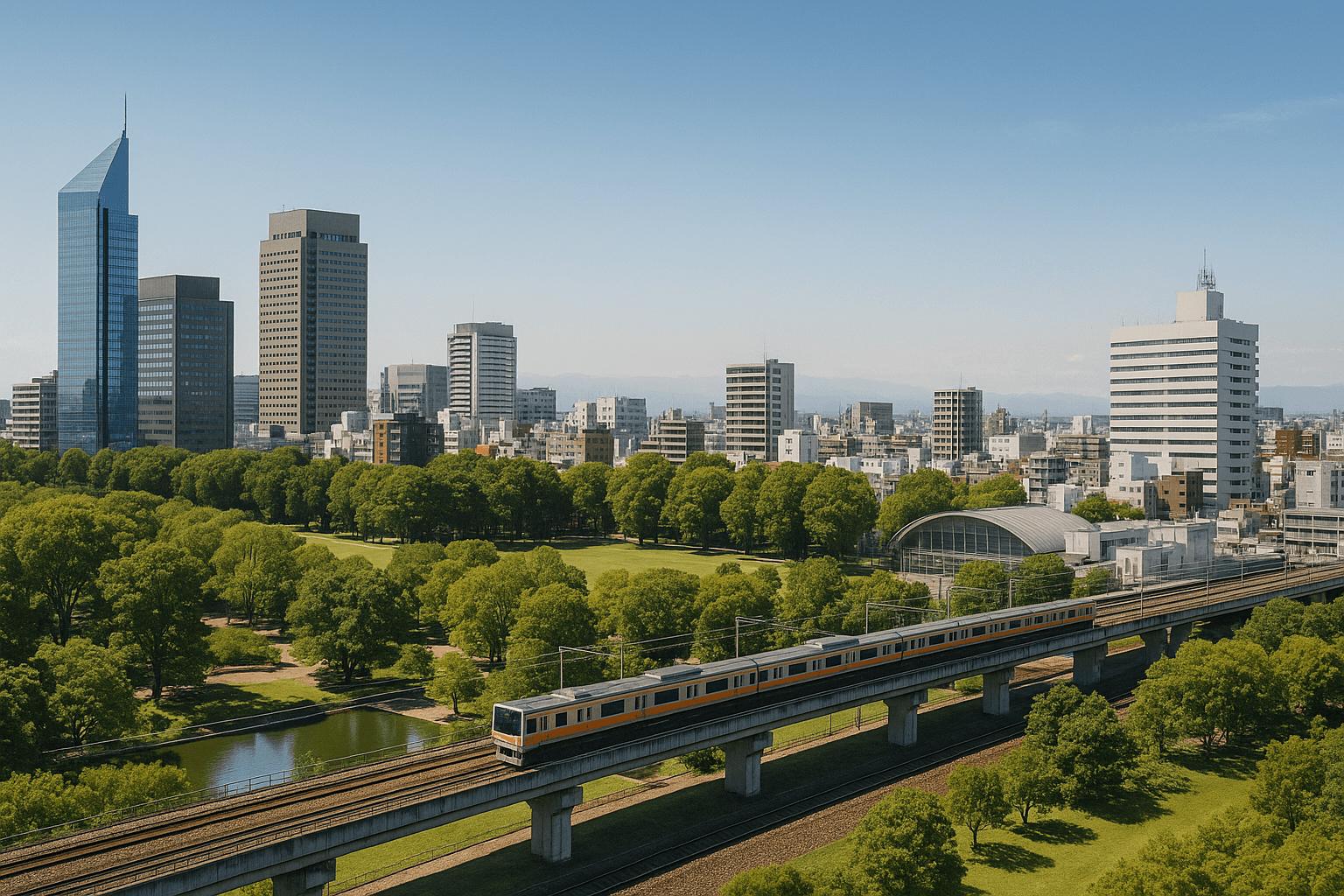 Tachikawa city skyline with parks, trains, and modern buildings under blue sky