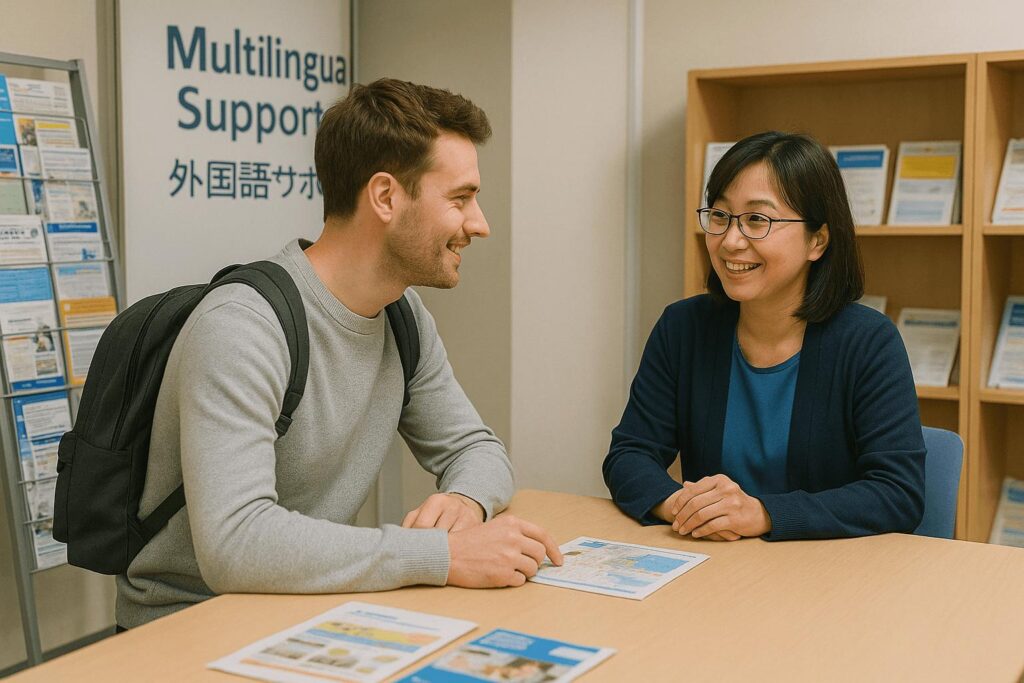 Foreigner receiving assistance at an international support center in Yokohama
