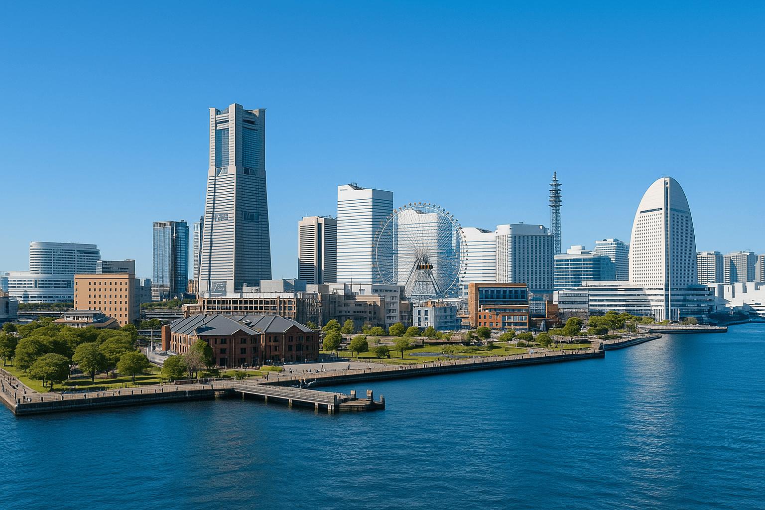 Yokohama skyline with bay and Ferris wheel on a sunny day