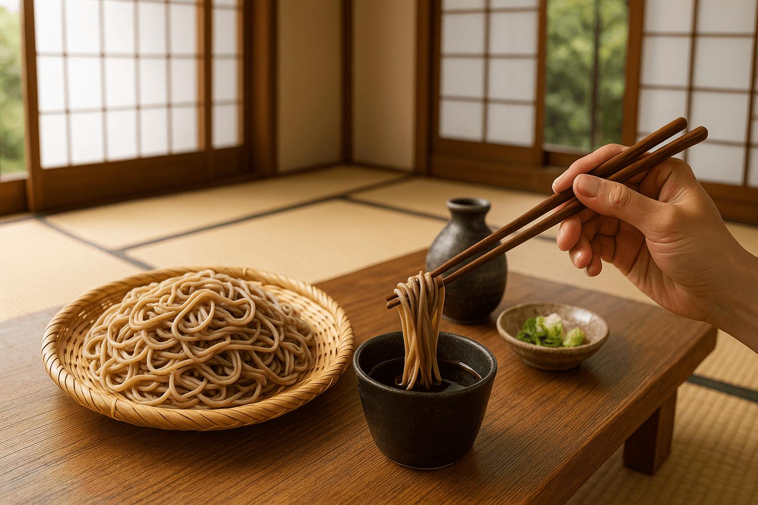 Traditional soba meal on wooden tray in Japanese tatami room