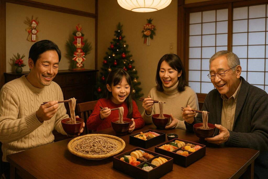 Japanese family eating toshikoshi soba on New Year’s Eve