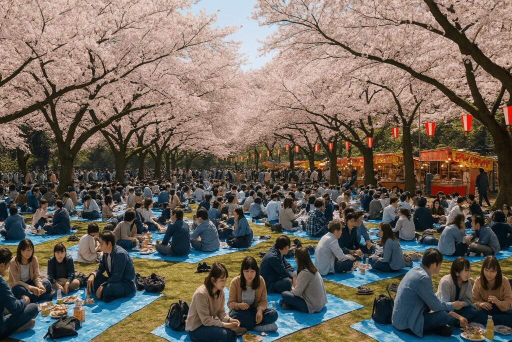 Crowds enjoying hanami under cherry blossoms at Ueno Park with food stalls and picnic blankets