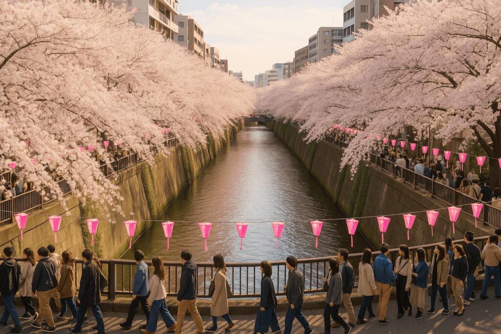Sakura trees and pink lanterns along Meguro River in Nakameguro during cherry blossom season