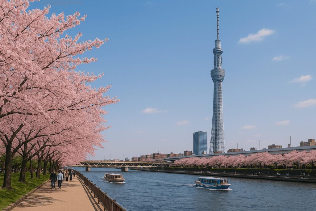 Cherry blossoms at Sumida Park with Tokyo Skytree and river views