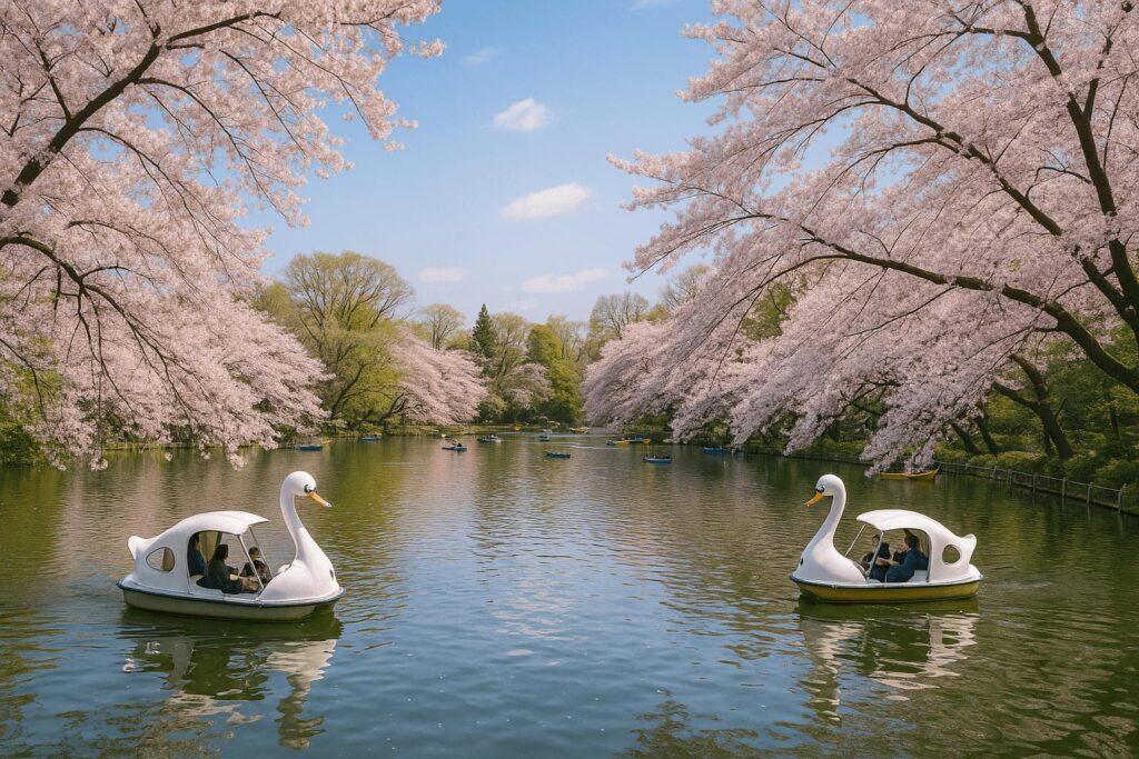 Cherry blossoms over Inokashira Park pond with swan boats in spring