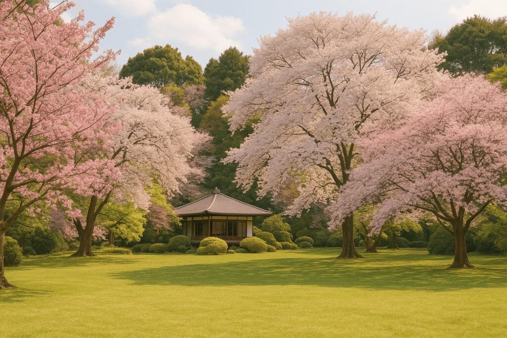 Mixed cherry blossom trees in bloom at Shinjuku Gyoen with a teahouse and green lawn