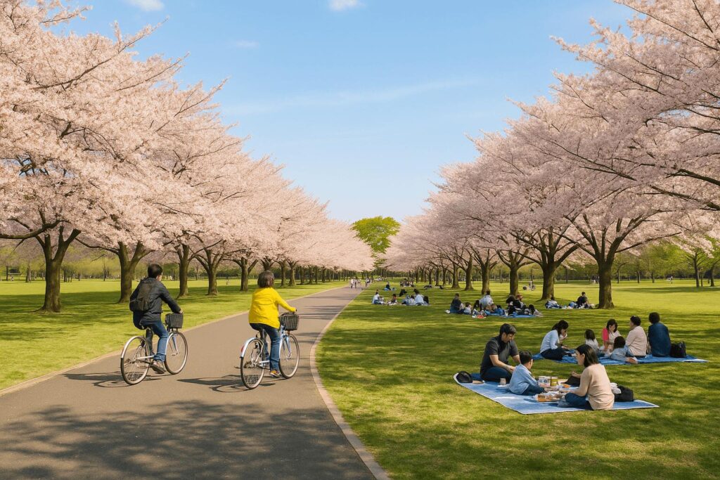 Families enjoying hanami and cycling under cherry blossoms at Showa Kinen Park