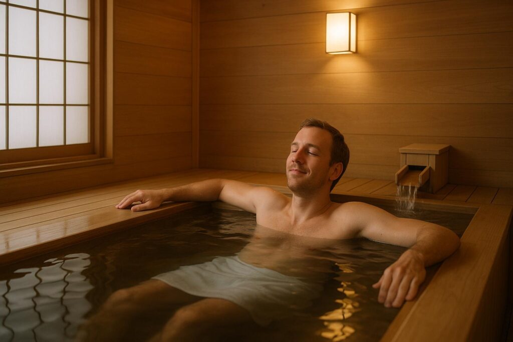 Tourist relaxing in a traditional Japanese onsen in Tokyo