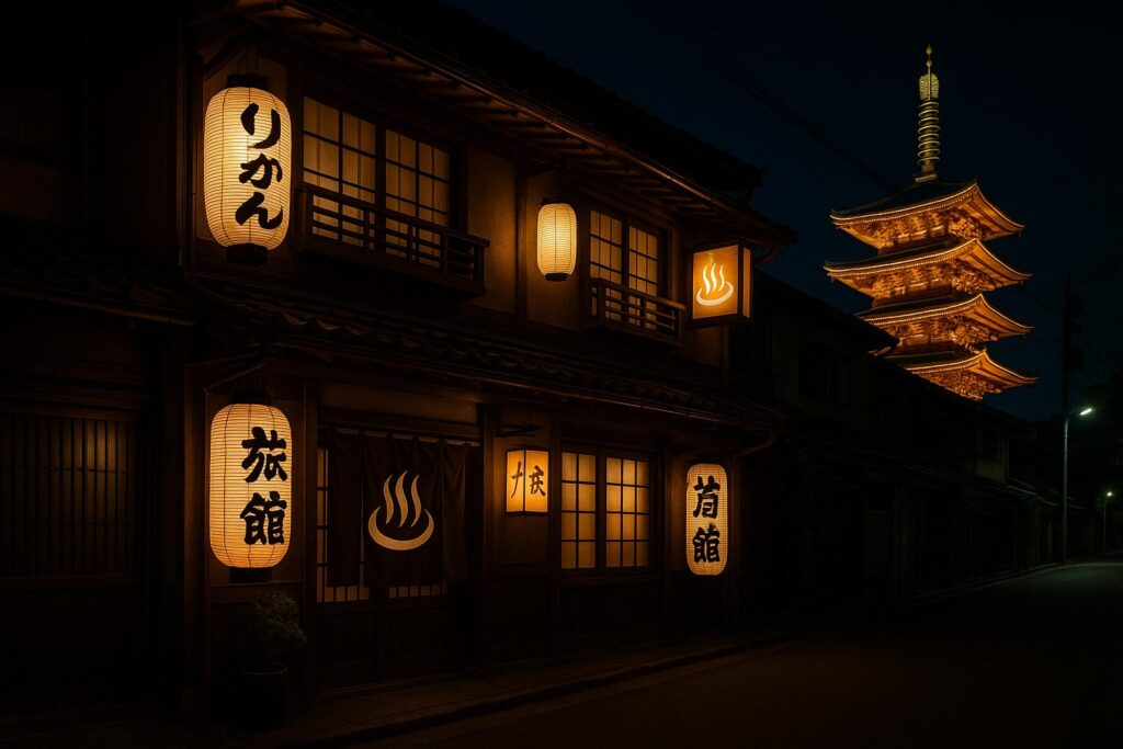 Night view of onsen ryokan hotel near Sensoji Temple in Asakusa