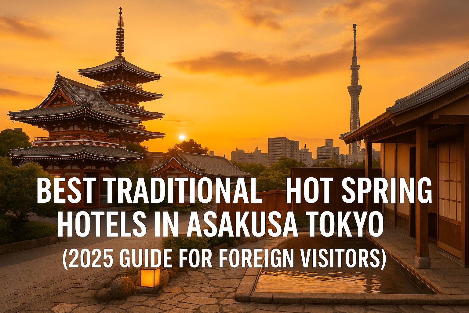 Traditional hot spring hotel with an outdoor onsen and Senso-ji Temple at sunset, with Tokyo Skytree in the background — perfect for travelers seeking an authentic Asakusa experience.