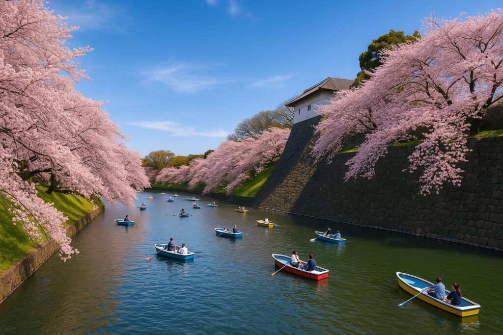 Cherry blossoms along Chidorigafuchi moat with boats and Imperial Palace walls in spring