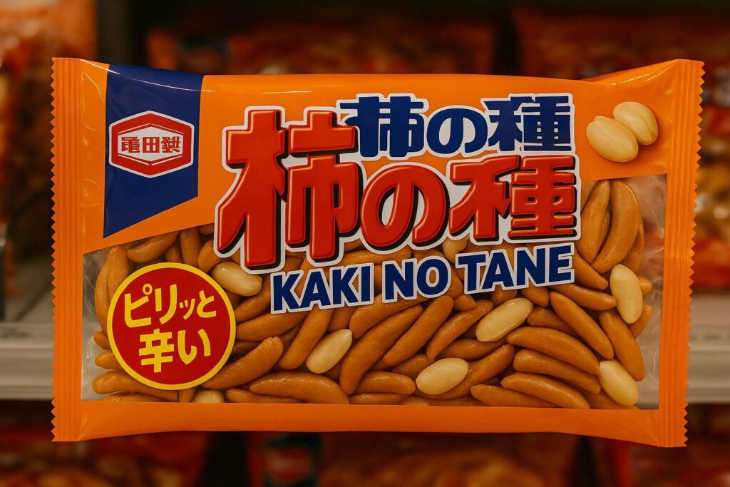 “Package of Kaki no Tane spicy rice crackers and peanuts on a Japanese convenience store shelf”
