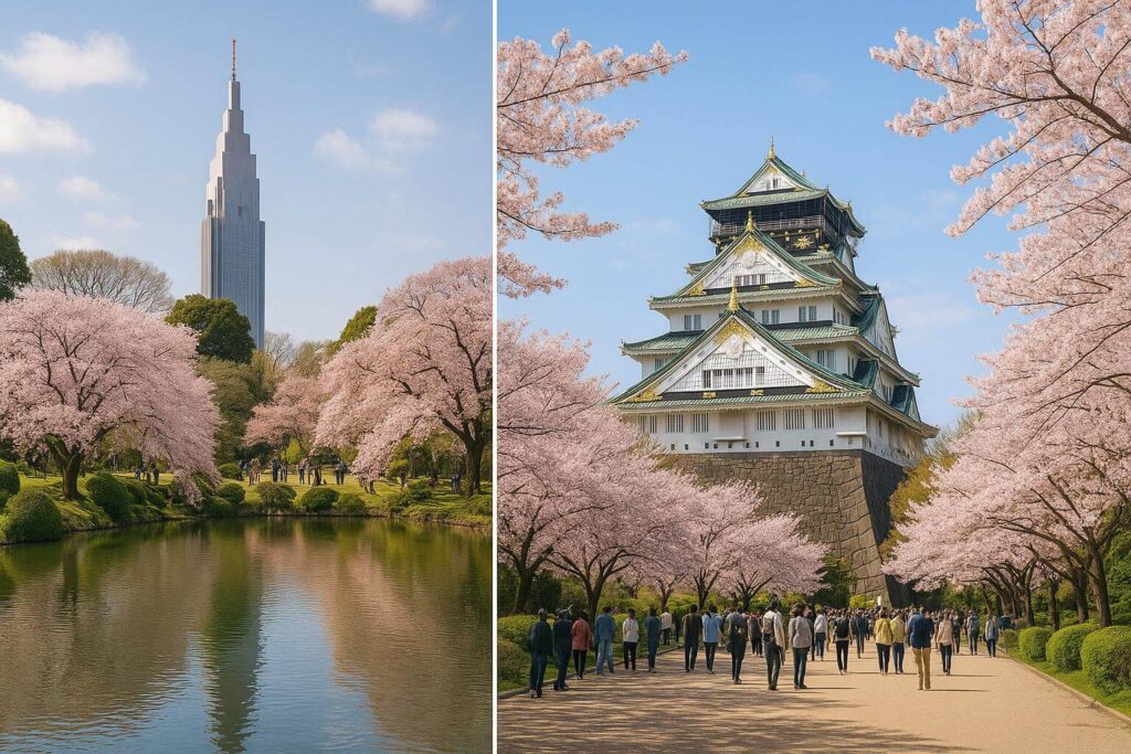 Shinjuku Gyoen’s cherry blossoms reflecting in a peaceful pond with the NTT Docomo Yoyogi Building in the background, side-by-side with Osaka Castle surrounded by full-bloom cherry trees and visitors walking beneath them in spring.
