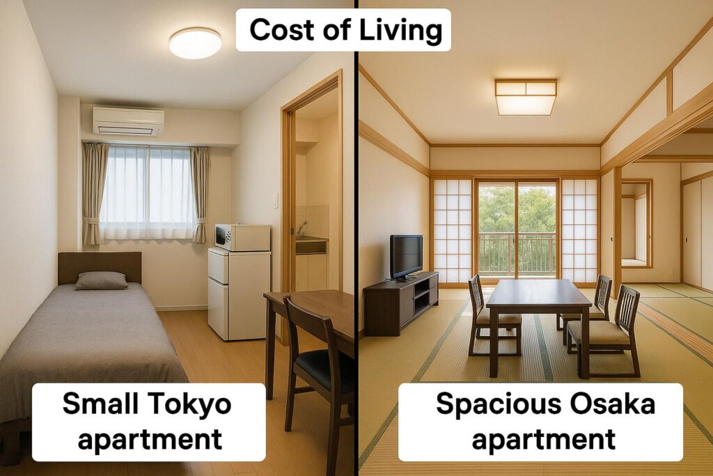 Side-by-side image of a small Tokyo apartment vs a spacious Osaka apartment, both with Japanese interiors